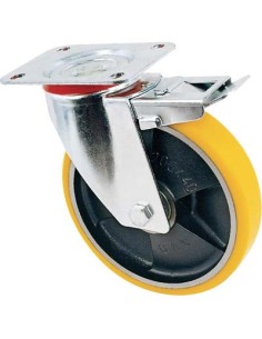 RUOTA A FORCELLA GIREVOLE + FERMO 24 AVO A/ZINCR/POL.GIAL D/GHISA D.MM 125X25 P.MM 100X85