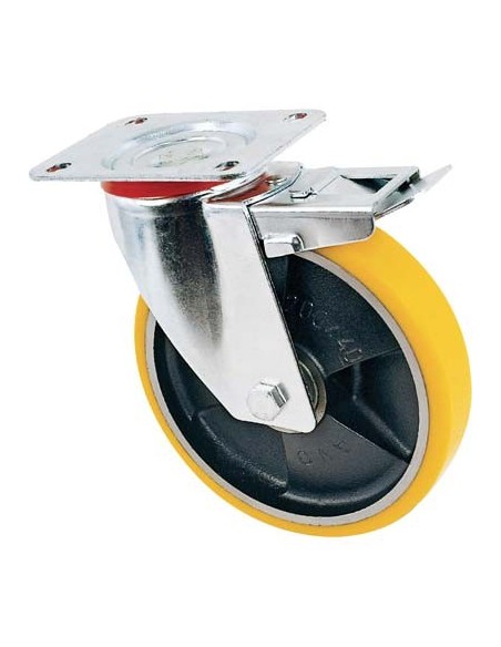 RUOTA A FORCELLA GIREVOLE + FERMO 24 AVO A/ZINCR/POL.GIAL D/GHISA D.MM 200X40 P.MM 140X110