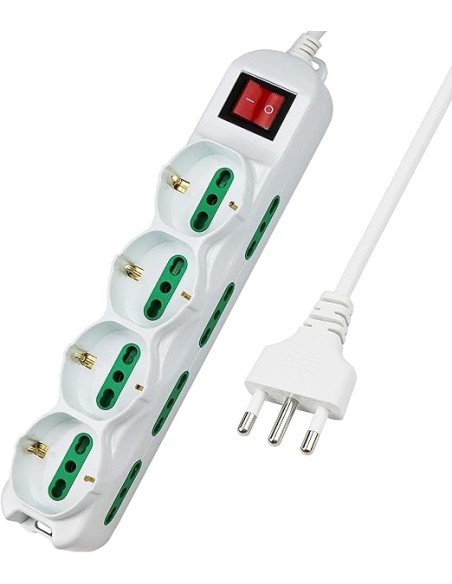 Extrastar Multipresa 12 Posti 4 polivalenti (schuko 10/16A) 8 bivalenti 10/16A, Colore bianco, Cavo 1.5 m - Spina 16A