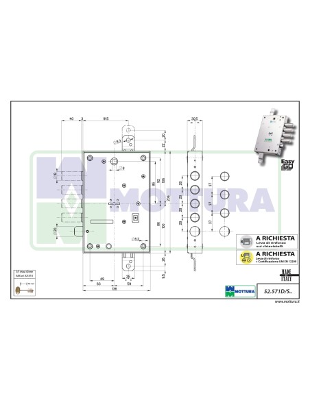 SERRATURA METALLO APPLICARE 52571 MOTTURA DM M4 TRIPL+SCR IP.MM 28 E.MM 63 DX