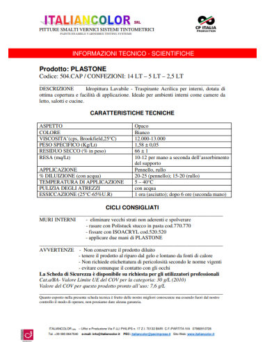 IDROPITTURA Lavabile Traspirante PLASTONE da LT.14 Bianco Opaco per Interni