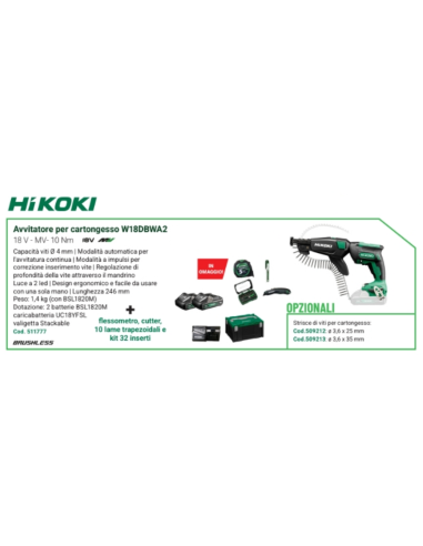 HIKOKI AVVITATORE CARTON W18DB 18V 10NM +CARIC+ACC