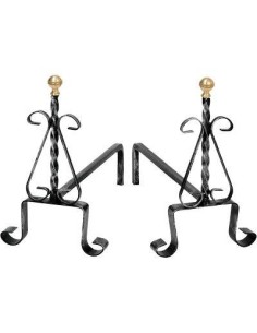 ALARI CAMINO TORTIGLIONE + RICCI FERRO BATTUTO + POMI OTTONE CM 35 H.CM 30 CF - PZ 2