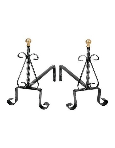 ALARI CAMINO TORTIGLIONE + RICCI FERRO BATTUTO + POMI OTTONE CM 35 H.CM 30 CF - PZ 2