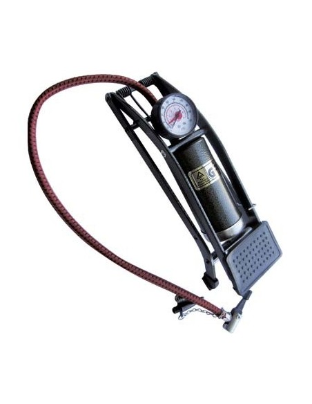 POMPA GONFIAGGIO A PEDALE ACCIAIO + MANOMETRO E ADATTATORI BAR MAX 5